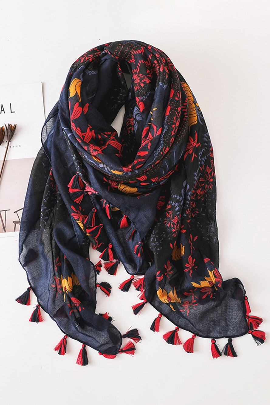NEW Boho Butterfly Design Tasseled Rectangle Soft Chic Scarf Large Blue Pink